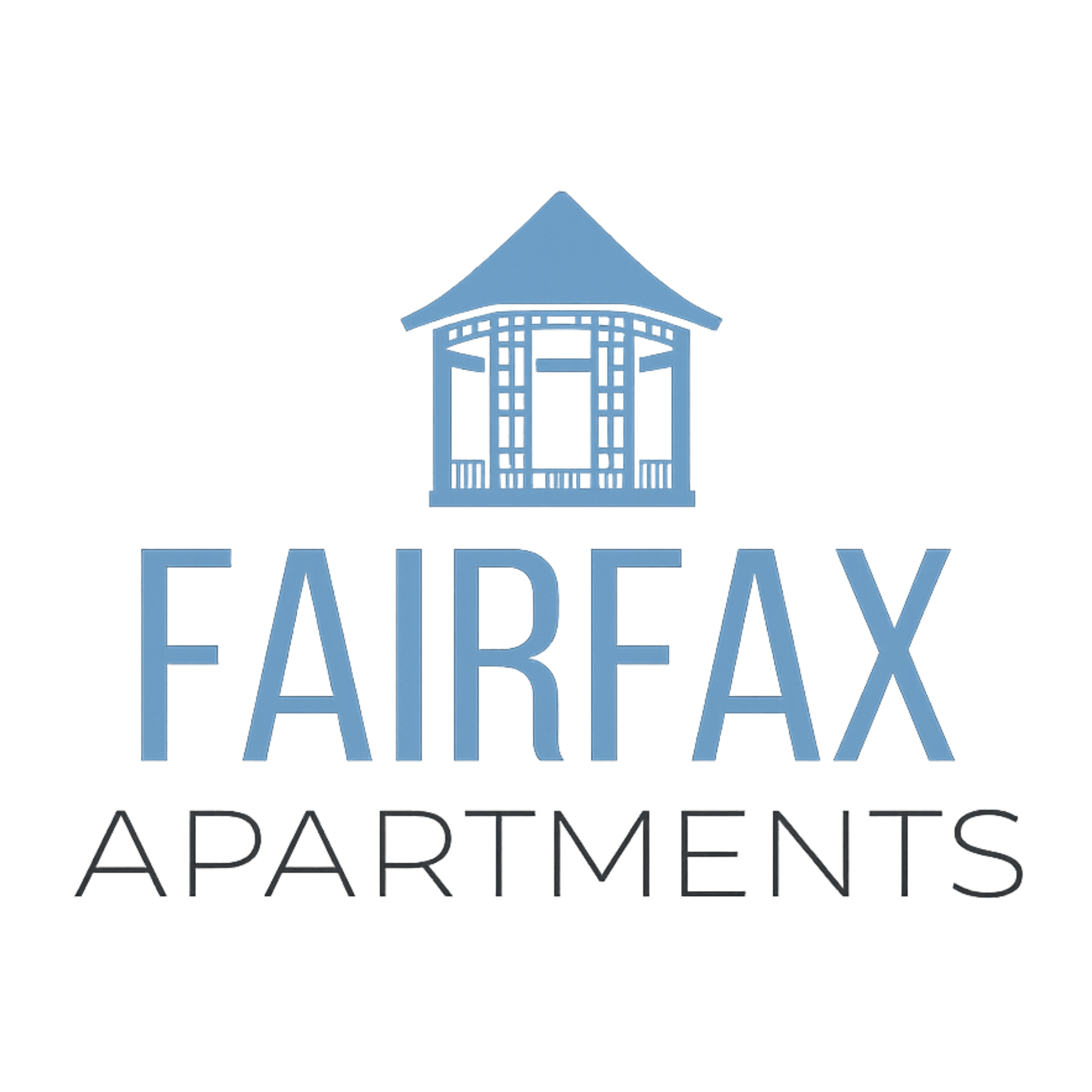 A logo for Fairfax Apartments featuring a blue house.